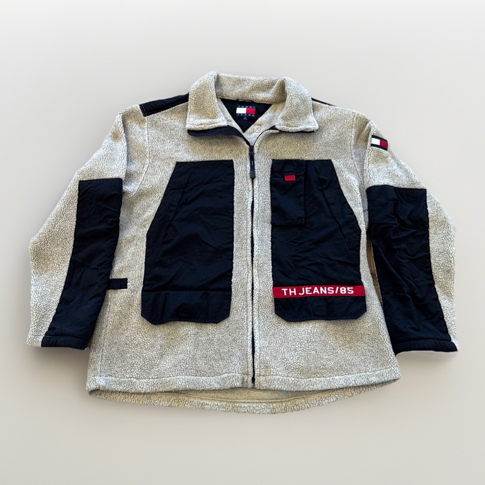 Vintage Tommy Hilfiger‎ Jacket Mens XL Sherpa Deep Pile Oatmeal Y2K Colorblock